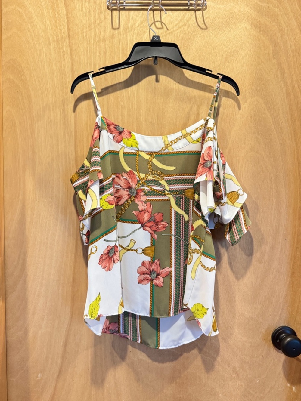 New York & Company Floral Print Cold-Shoulder Cami in White & Olive